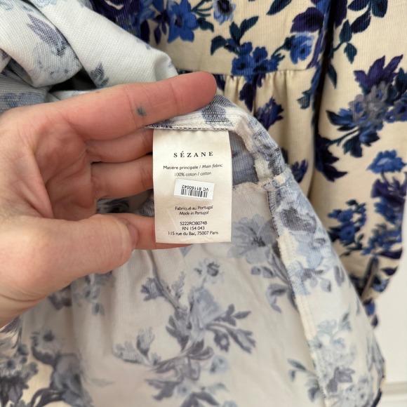 Sezane women's Floral Soledad dress Tiered Mini Dress Blue Cream size 12 (44) - Picture 7 of 9